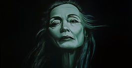 Portrait painting of an older woman in greenish blue hue