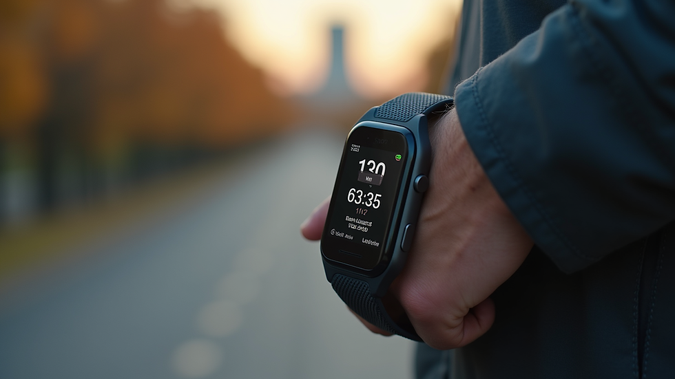 Eye-level view of a fitness tracker displaying workout stats