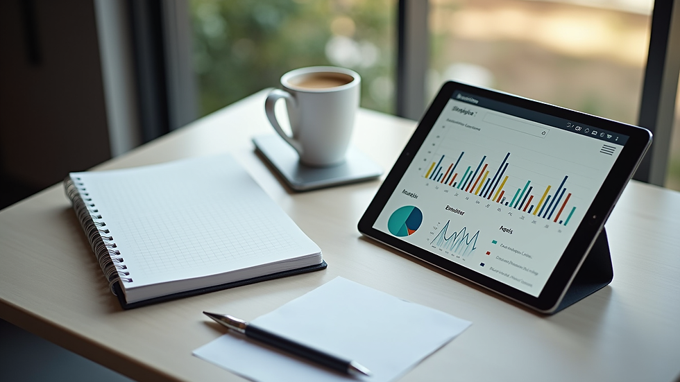 High angle view of a desk with a notebook, coffee cup, and a tablet showing website analytics