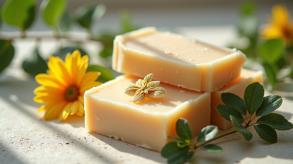 High angle view of natural soap bars with flowers and leaves