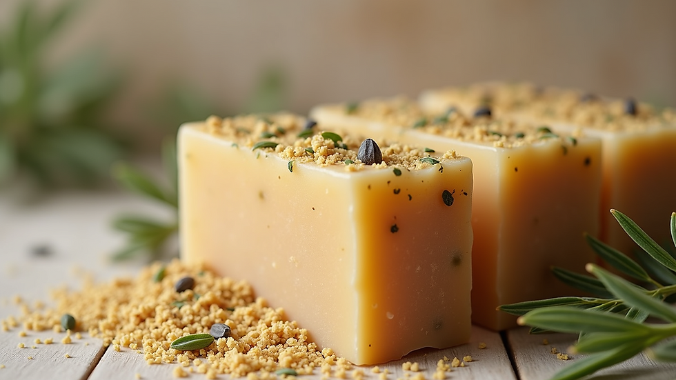 Close-up view of natural soap bars with herbs