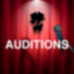 The word "Auditions" in front of a red curtain and microphone