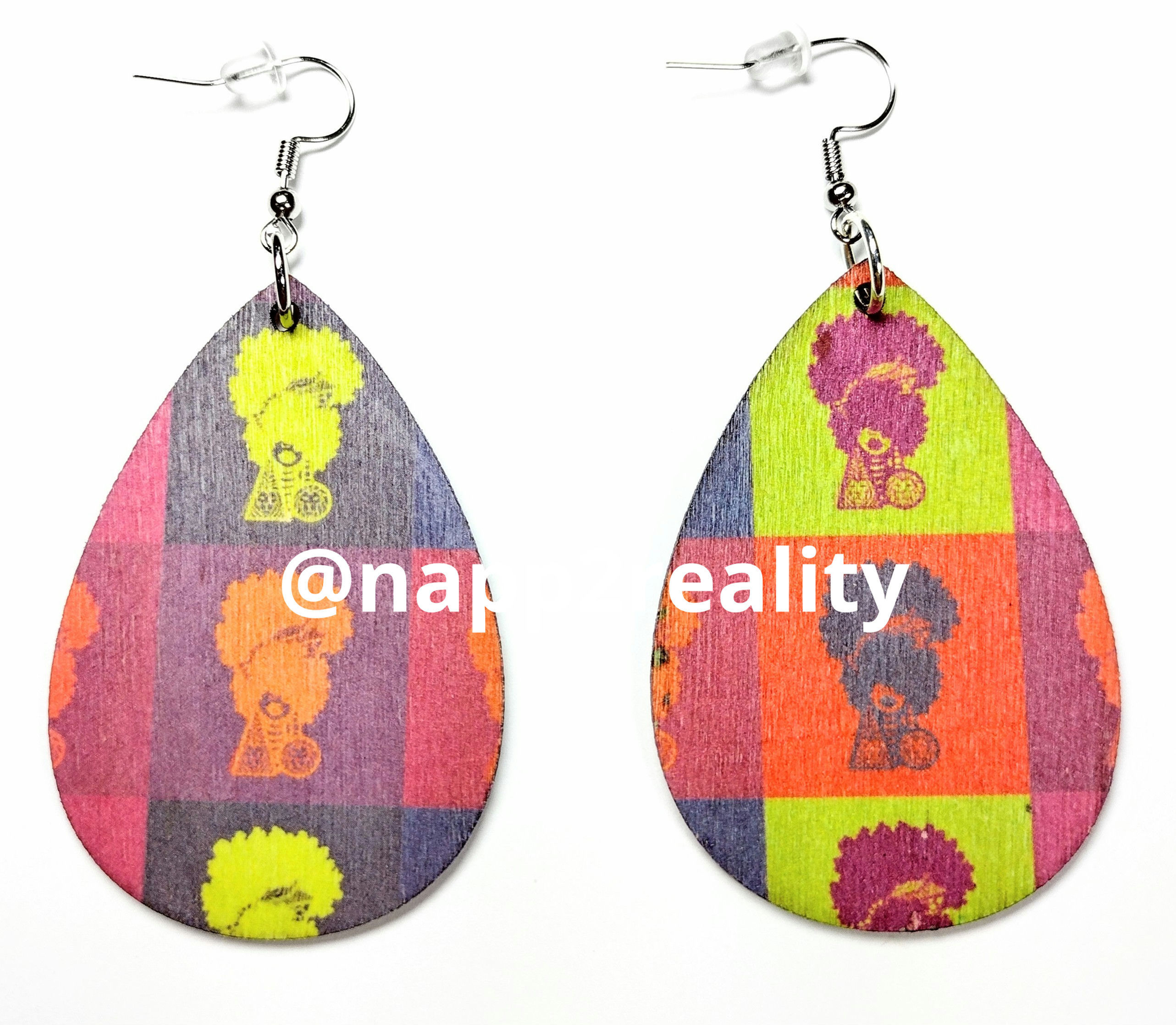 Puffrobulous Color Checkers Teardrop Medium Wood Earrings