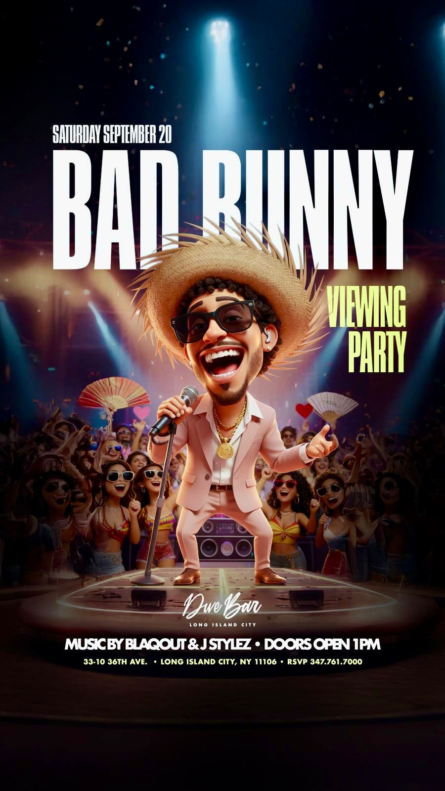 Cartoon character in pink suit with microphone, joyful crowd below stage lights. Text: "Bad Bunny Viewing Party, September 20."