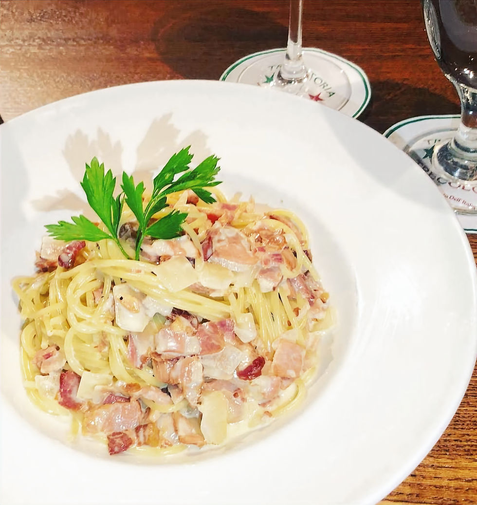 A plate of spaghetti carbonara with pancetta, creamy sauce, parmesan, and parsley garnish.