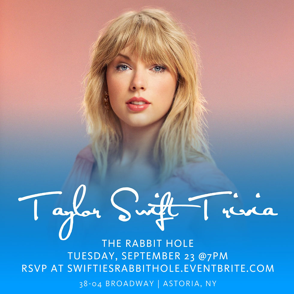 Person with blond hair on a pink gradient background. Text: Taylor Swift Trivia, The Rabbit Hole, event details, RSVP info, Astoria, NY.