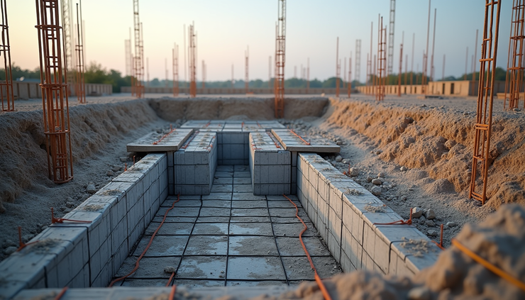 Weitwinkelaufnahme von Fundamentvorbereitungen mit Schalung und Bewehrung