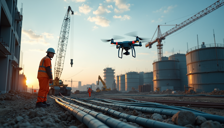 Weitwinkelaufnahme einer Baustelle mit moderner Kabelverlegetechnik und Überwachung durch Drohnen