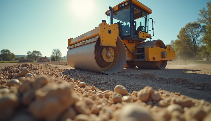 Augenhöhe von Bauarbeiter bei der Verdichtung des Unterbaus mit Rüttelplatte