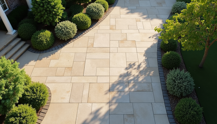 Vogelperspektive auf eine gepflegte Einfahrt mit Natursteinpflaster