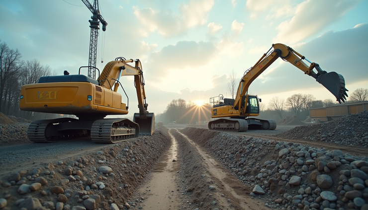Weitwinkelaufnahme einer Baustelle mit Tiefbauarbeiten und schwerem Gerät