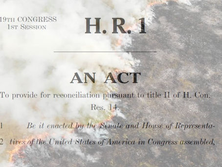 a screenshot of the first page of H.R. 1, a.k.a. the "One Big Beautiful Bill Act" superimposed over a forest fire