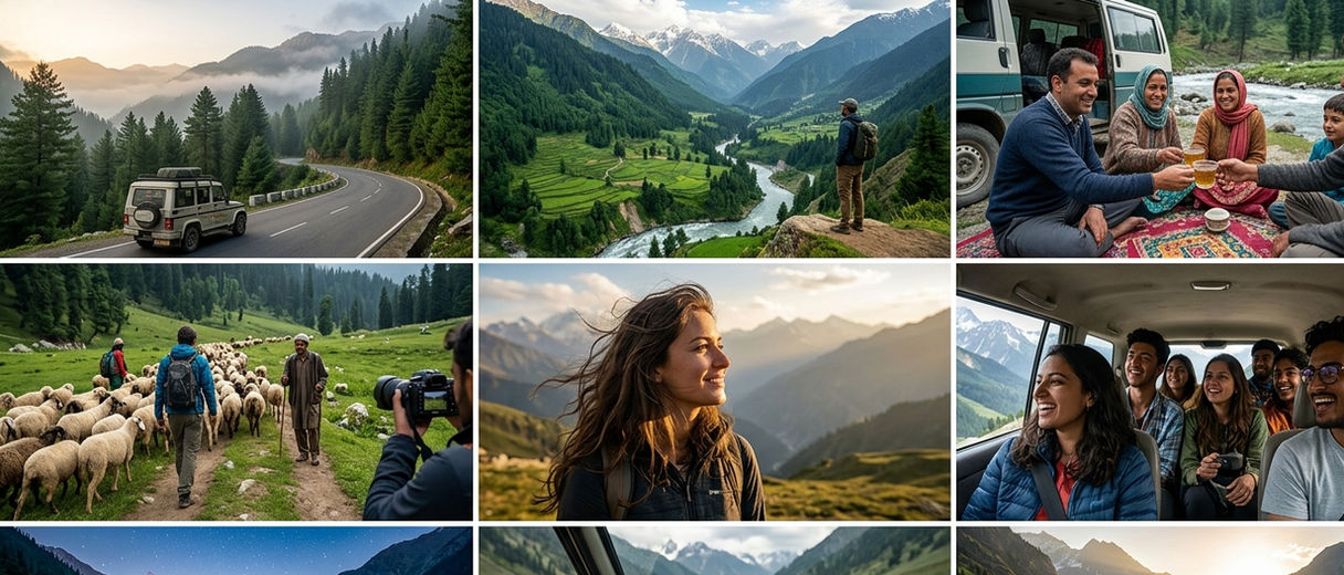 Mixed experiential Kashmir road journey featuring travelers, Himalayan routes, rivers, snow valleys, meadows and cultural exploration