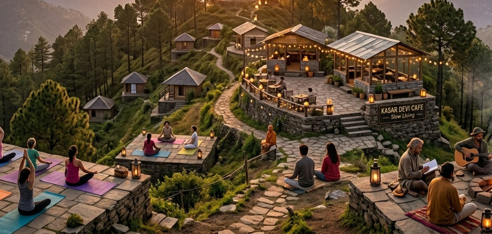 Kasar Devi Himalayan ridge with meditation retreats, pine forests, spiritual travelers, and wellness landscapes.