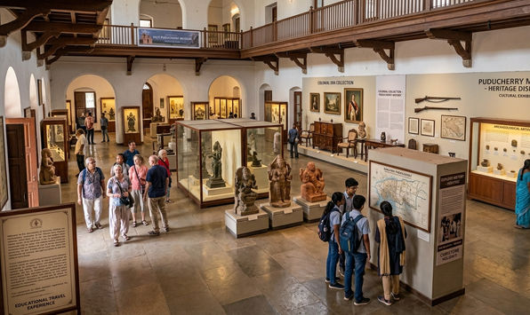 Puducherry Museum displaying archaeological collections, colonial artifacts, sculptures, cultural exhibits, and regional history.