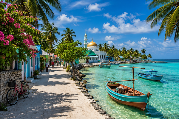 Authentic Maldivian island village featuring colorful homes, a traditional mosque, palm-lined streets, wooden dhoni boats, crystal-clear lagoon, and everyday local life in the Maldives.
