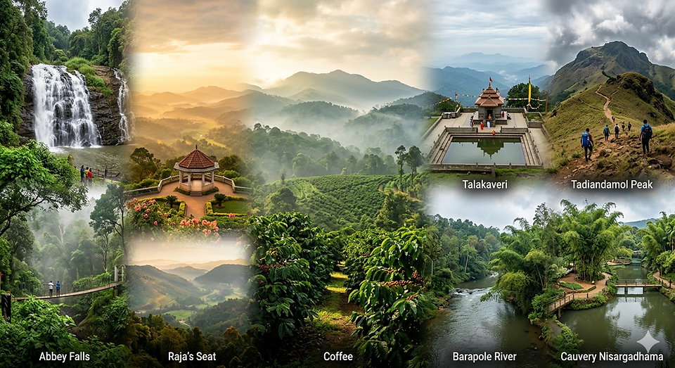 Coorg tourist places collage with hills waterfalls coffee plantations and viewpoints