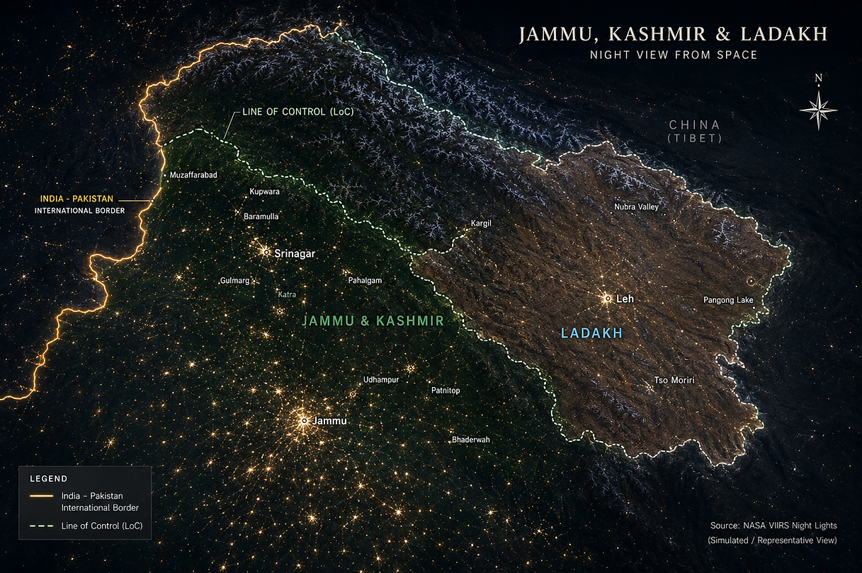NASA-style night satellite view of Jammu, Kashmir and Leh-Ladakh highlighting the India border and Himalayan landscapes