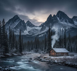 A Genuine Frontier Feeling -A remote wooden cabin by a river in the snowy Sayan Mountains, evoking t