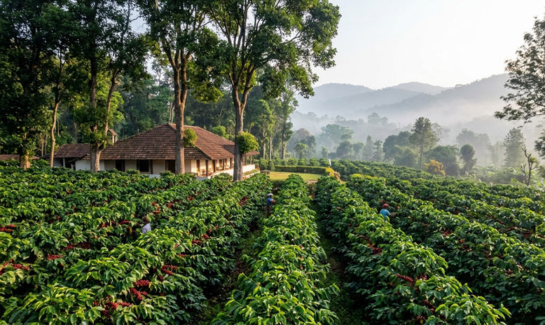 Coffee plantation with red berries in Coorg hills
