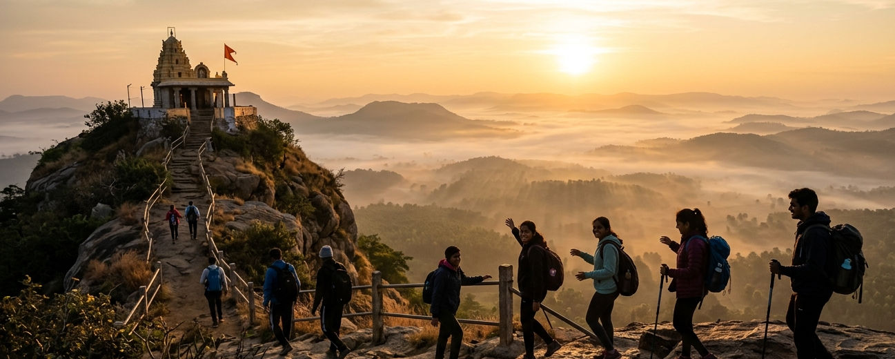 Students sunrise trekking at Ranganathaswamy Betta with Christone Holidays hilltop temple and misty valley view