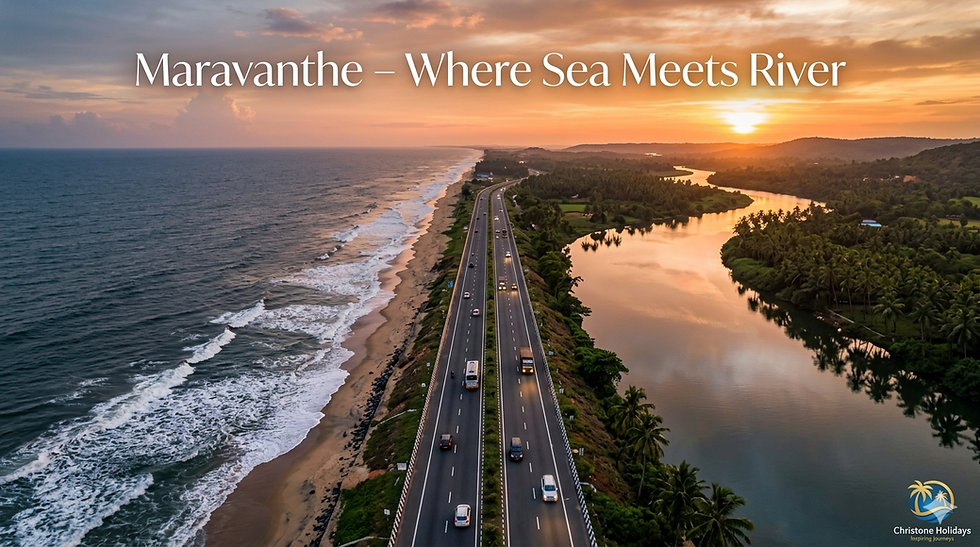 Aerial view of Maravanthe beach with highway between Arabian Sea and river in Karnataka
