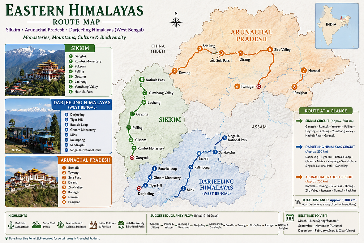 Eastern Himalayas route map showcasing Sikkim, Arunachal Pradesh, and Darjeeling Himalayas with major destinations, monasteries, mountain passes, tea gardens, and travel circuits.