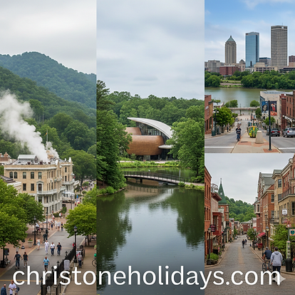 Christone Holidays Arkansas Tour collage featuring the historic bathhouse row at Hot Springs National Park, the stunning Crystal Bridges Museum of American Art nestled in the forest, the charming historic district of downtown Little Rock with the Arkansas River, the majestic Whitaker Point rock formation in the Ozark Mountains, and the elegant Thorncrown Chapel glass structure in Eureka Springs.
