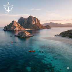 A tranquil scene of kayakers exploring the turquoise waters around the islands of Loreto, Baja Calif