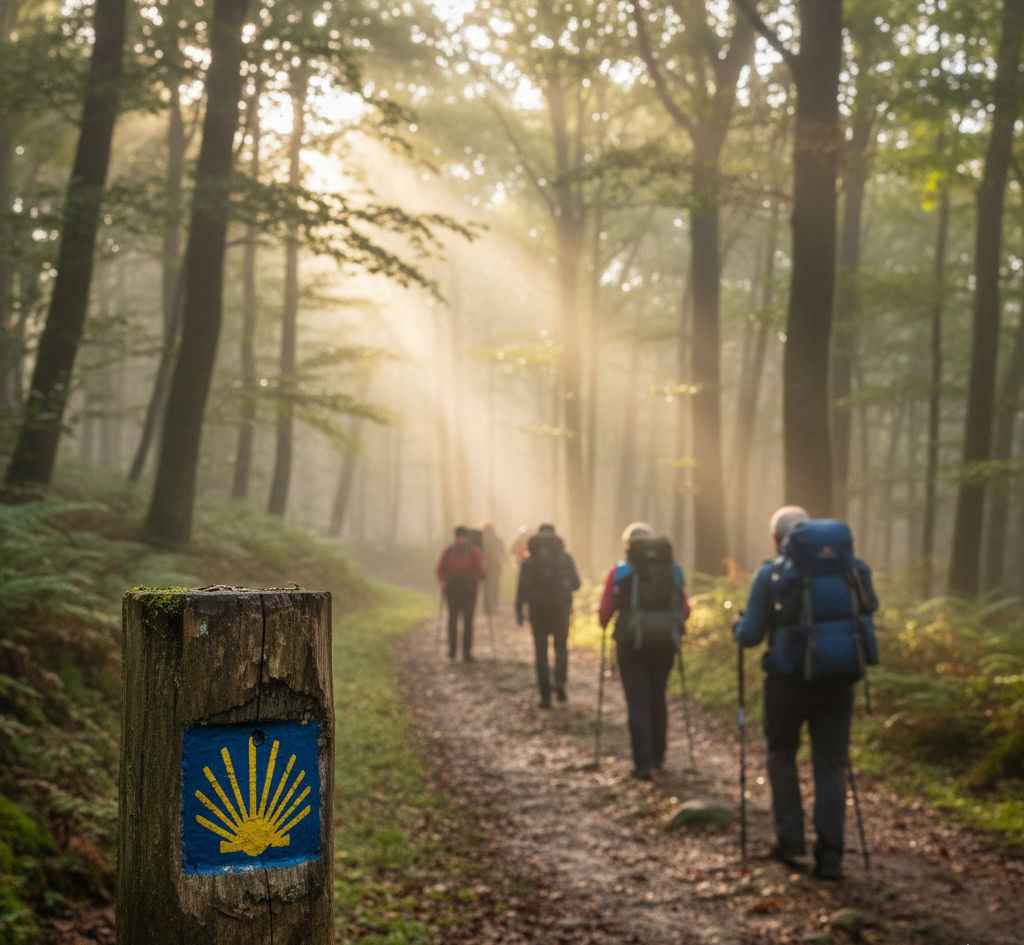 Pilgrims walking the Camino de Santiago forest path with scallop shell symbol