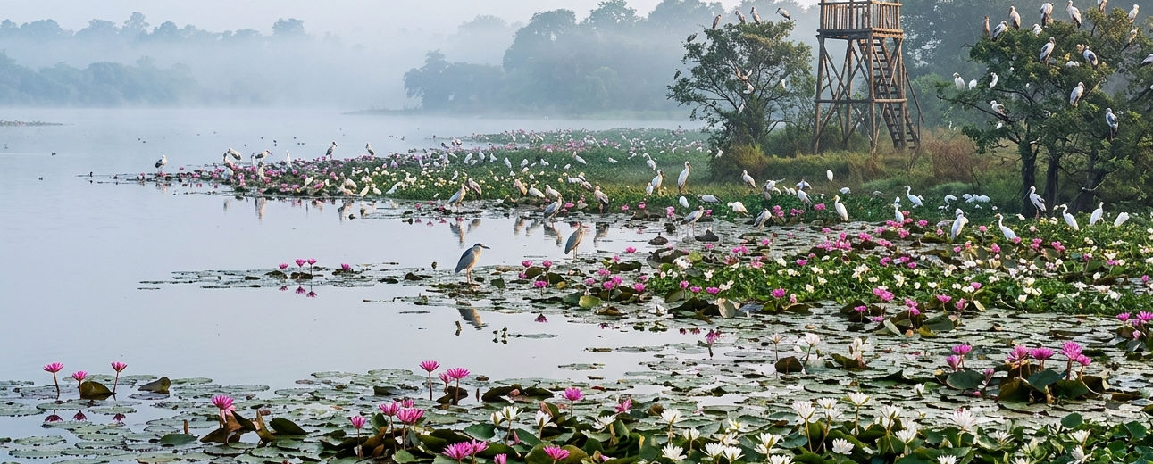 Wetland birds at Gudavi Bird Sanctuary Karnataka lake view