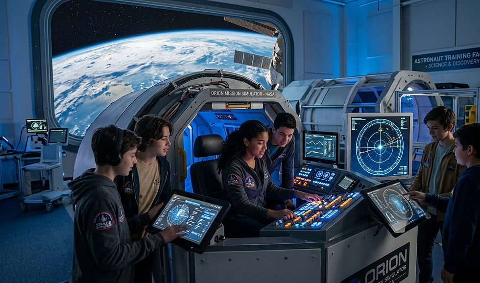 Students learning space science in astronaut training environment with Earth view from space