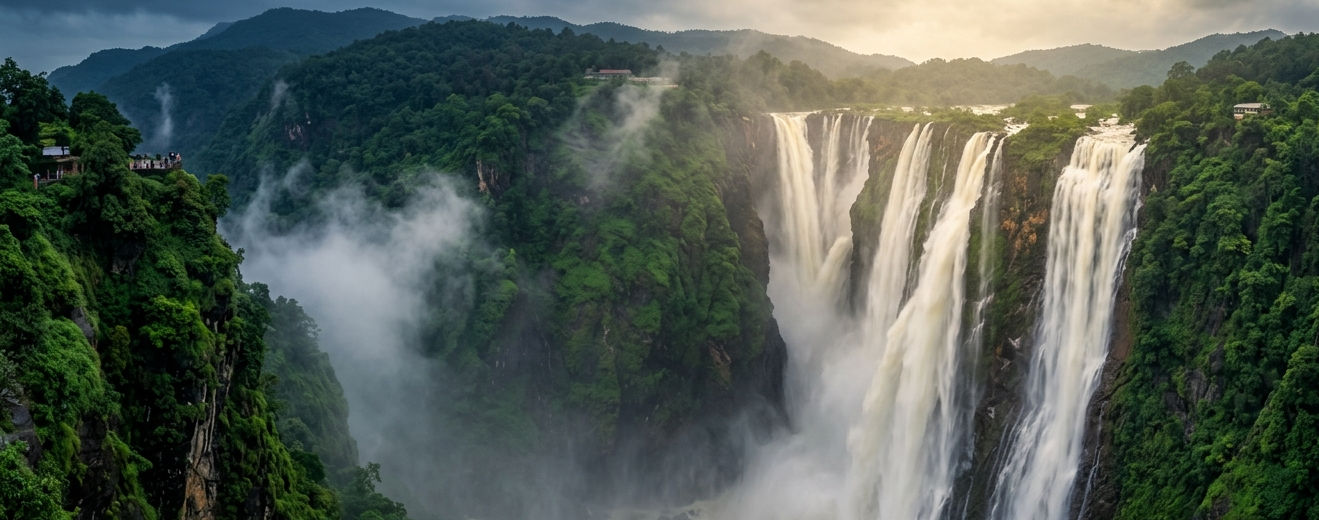 Jog Falls in full monsoon flow with mist and deep gorge in Shivamogga