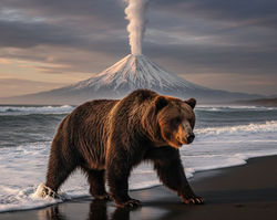 Brown Bear on Volcanic Black Sand Beach in Kamchatka