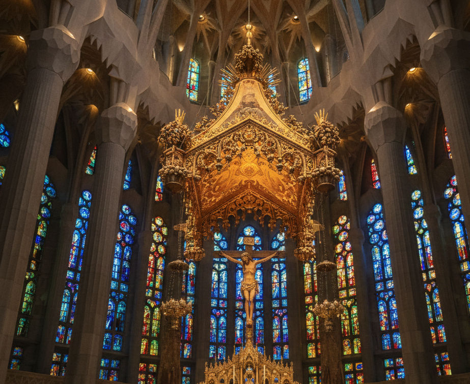 High altar of Sagrada Família with golden canopy and crucifix