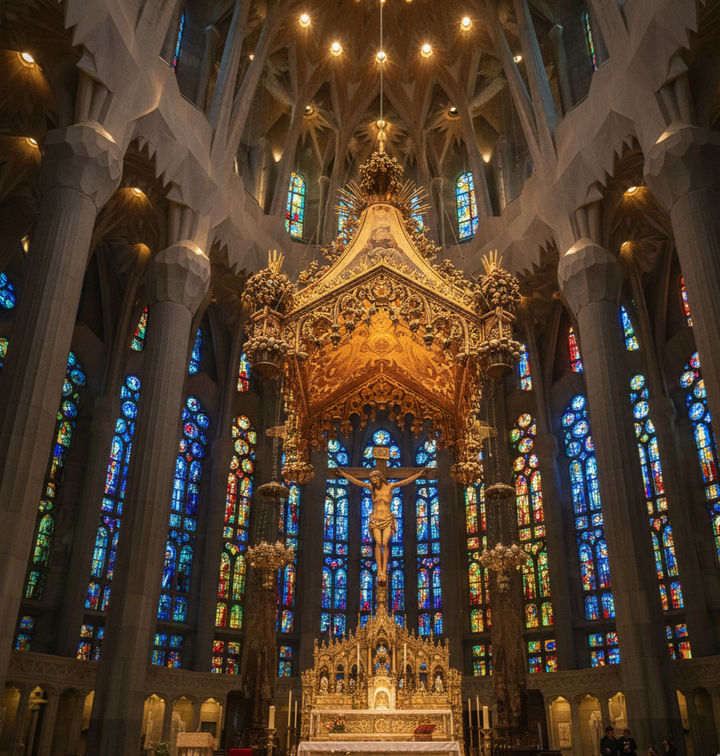 High altar of Sagrada Família with golden canopy and crucifix