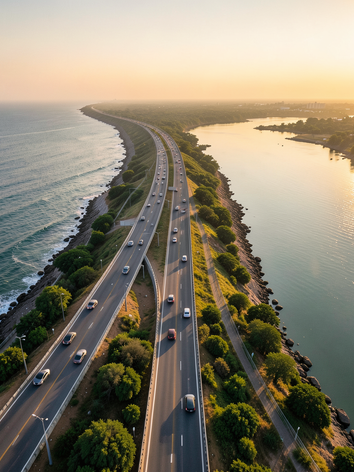 Aerial view of Maravanthe coastal highway between Arabian Sea and river