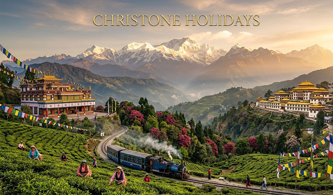 Eastern Himalayas of India featuring Kanchenjunga, Rumtek Monastery, Tawang Monastery, and Darjeeling Himalayan Railway.