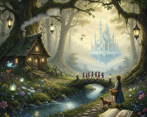 A magical, illustrative scene set in an enchanted forest inspired by Hans Christian Andersen's fairy tales. In the foreground, a young girl with a basket stands on a stone path next to a dog, looking toward a small, rustic cottage built into the base of a massive, ancient tree. An open book rests on a stump nearby. In the background, a crystalline ice palace floats in the misty air, while tiny tin soldiers march across a small stone bridge over a winding stream. The forest is filled with glowing lanterns, wildflowers, and a ethereal atmosphere.
