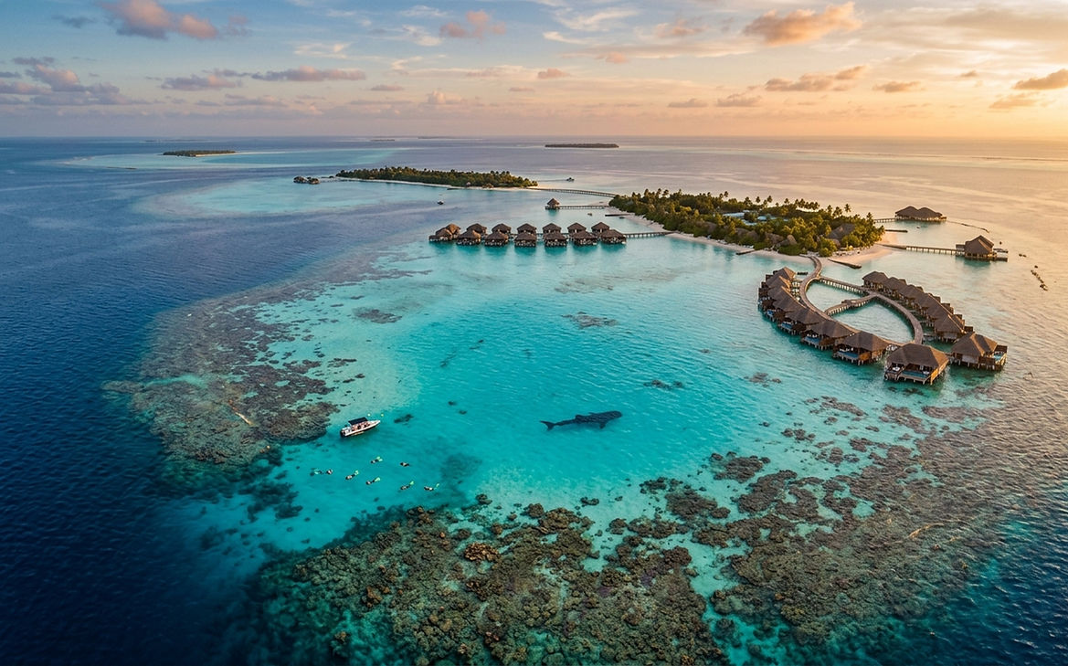 Ari Atoll in the Maldives, famous for whale sharks, manta rays, vibrant coral reefs, and world-class diving.