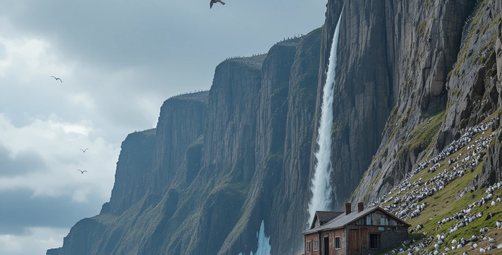 Kolyuchin Island's towering cliffs covered in thousands of nesting seabirds with abandoned polar station below and expedition boat approaching in the Chukchi Sea.
