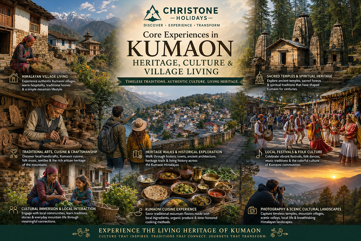 Explore the living heritage of Kumaon through sacred temples, village life, folk culture, traditional cuisine, and Himalayan cultural landscapes.
