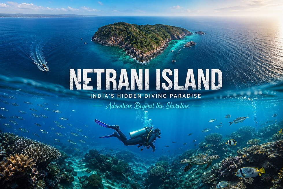 Scuba diver exploring coral reef at Netrani Island with aerial view of the island above, Karnataka coastal adventure destination in India
