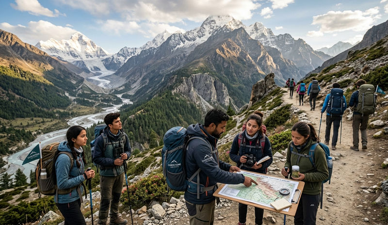 Himalayan geography and ecology expedition featuring students studying biodiversity, glaciers, forests, and river systems in Garhwal Uttarakhand.