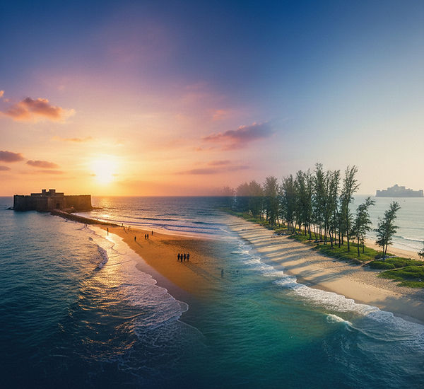 Merged panoramic image of Alibaug showcasing Kolaba Fort, Alibaug Beach sunset, Kashid Beach, Varsoli Beach, and Murud–Janjira Fort with tropical coastal scenery