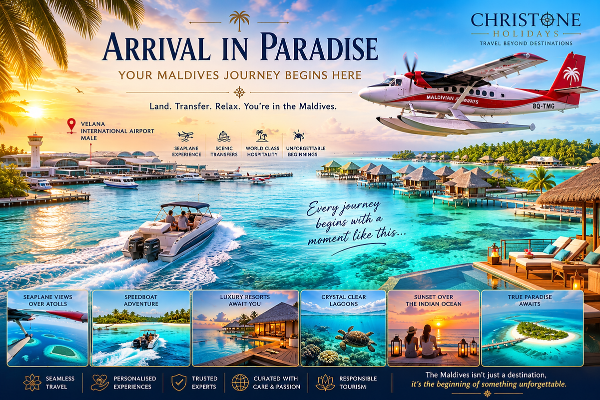 Arrival in Paradise – Scenic arrival at Velana International Airport, Maldives, featuring a seaplane, speedboat transfer, luxury overwater resorts, turquoise lagoons, and breathtaking coral atolls by Christone Holidays.