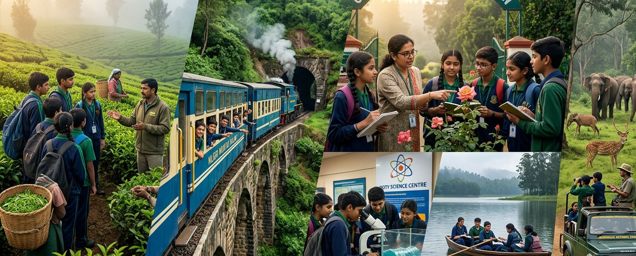 Students educational tour in Ooty with toy train botanical garden and wildlife safari Bandipur Mudumalai