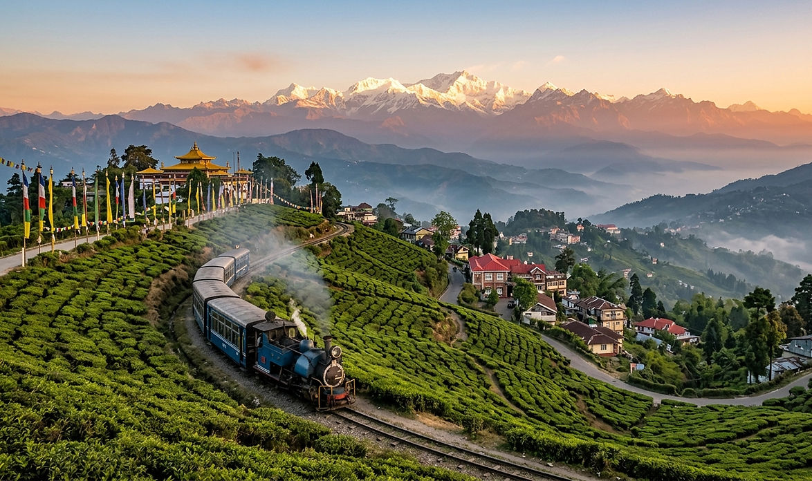 Darjeeling Himalayan Railway passing through tea gardens with Kanchenjunga mountain views in the Darjeeling Himalayas of India.