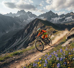 Epic Adventure Terrain- Mountain biker on a rugged trail along a ridge in the Altai Mountains of Sou