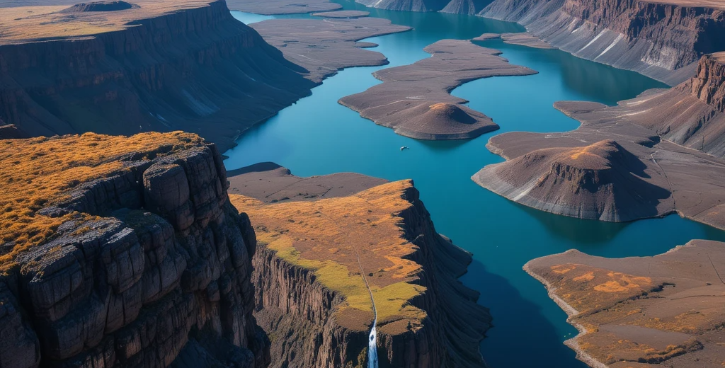 Aerial view of Putorana Plateau UNESCO site with flat-topped basalt mesas, sheer cliffs plunging into turquoise lakes, waterfalls cascading down terraces, and autumn tundra colors.